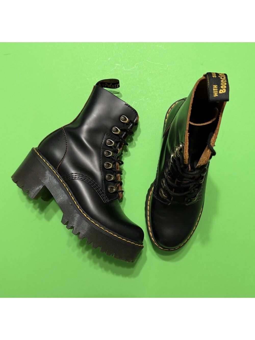 Dr. Martens LEONA Platform Combat GOTH Chunky Lace Up Black Boots Women Size 5